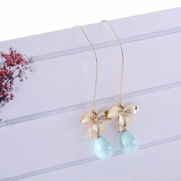 Edgy Minty Blue Teardrop Pearl Orchid Flower Gold Plated Long Earrings - Picture 1 of 5